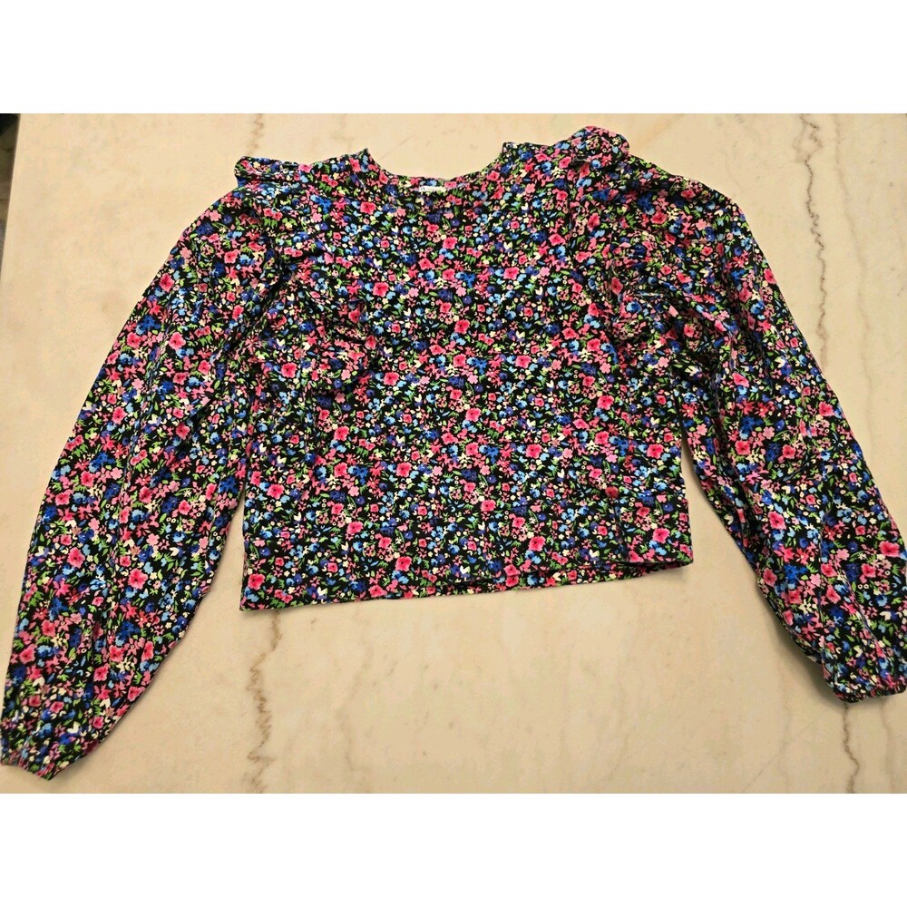 Zara Womens Floral Black Puff long Sleeve Ruffle Cropped Blouse Top Size M